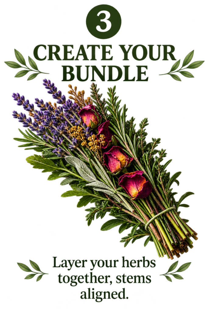 create-herbal-smoke-cleansing - Sians Emporium Lavender, rosemary, sage, rosebuds and other herbs layered together with their stems aligned to create a handmade herbal smoke cleansing bundle.