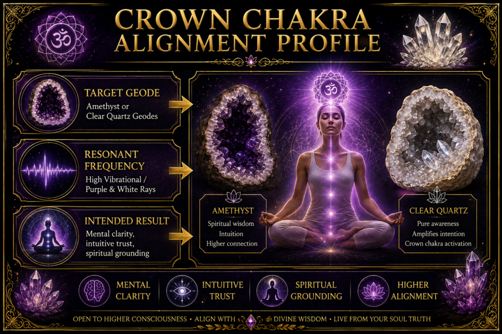 Crown Chakra Alignment Profile – Amethyst and Clear Quartz Geodes - Sians Emporium Crown Chakra alignment profile featuring Amethyst and Clear Quartz geodes, high-vibrational purple and white rays, mental clarity, intuitive trust and spiritual grounding.