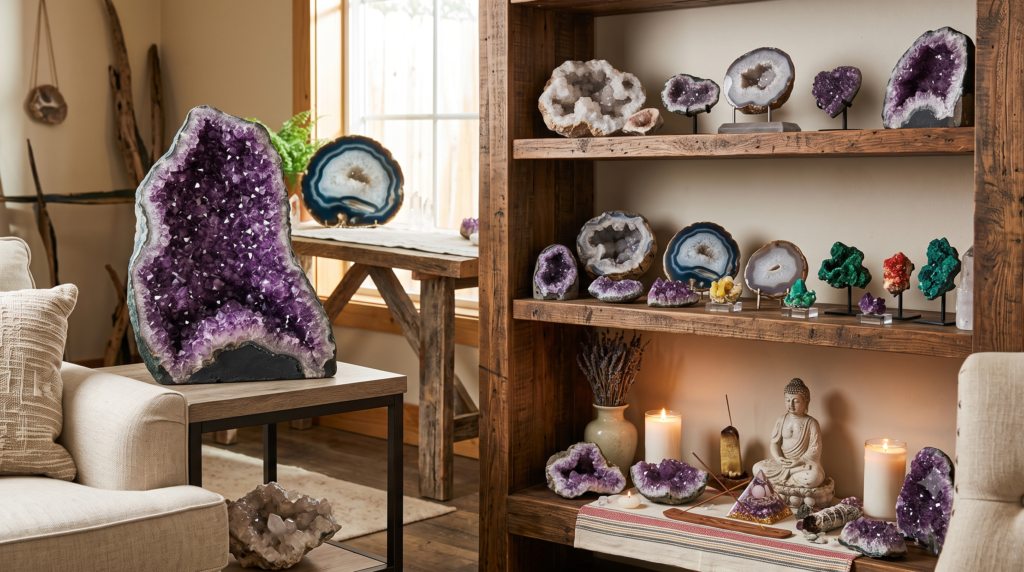 A warm, beautifully styled living room featuring geodes and minerals displayed across a wooden bookshelf, a side table with a large amethyst geode, and a sacred altar shelf with candles, incense, and a small Buddha statue.