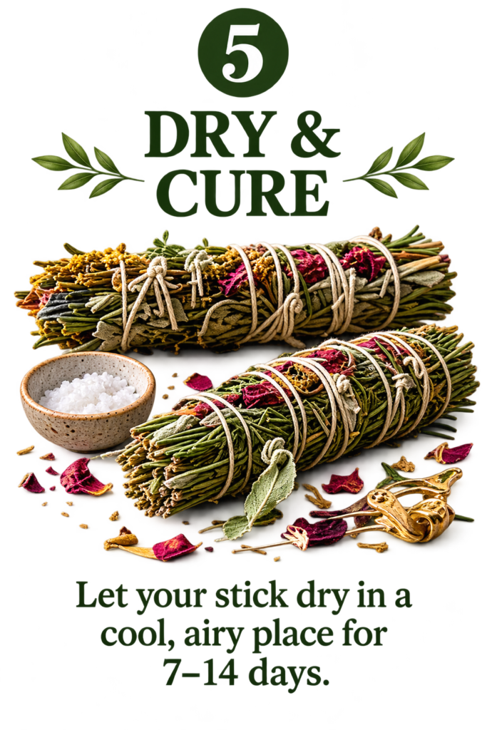 Dry and Cure a Homemade Herbal Smoke Cleansing Stick - Sians Emporium Two handmade herbal smoke cleansing sticks wrapped with natural twine and dried flowers, illustrating how to dry and cure a herb bundle before use.