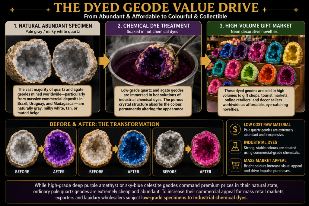 The Dyed Geode Value Drive – Natural vs Chemical-Dyed Geodes - Sians Emporium Infographic showing how natural pale quartz and agate geodes are treated with chemical dyes to create brightly coloured decorative geodes for the mass gift market.