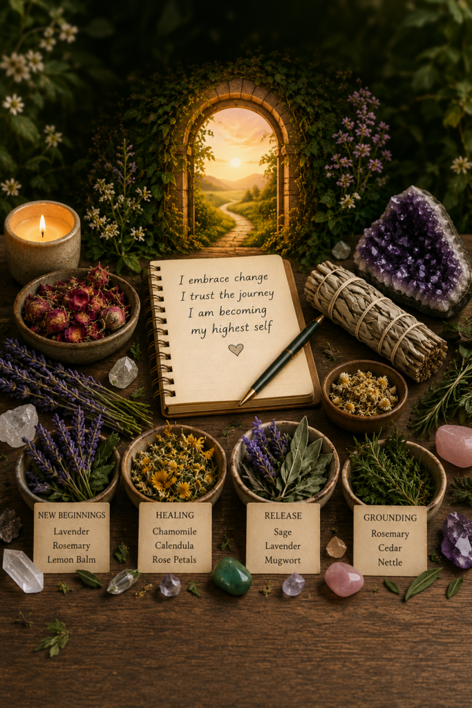 Botanical altar with affirmation journal, lavender, sage, rosemary, chamomile, crystals and candlelight representing healing, grounding, release and new beginnings.