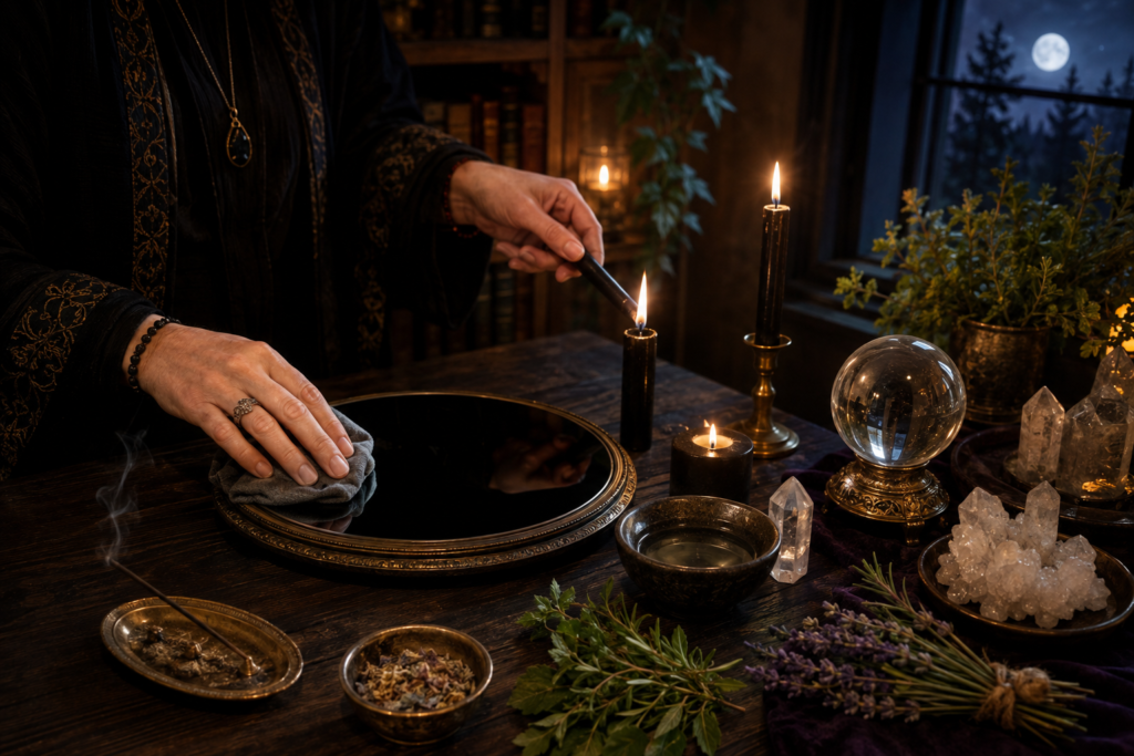 Step-by-Step Scrying Ritual Preparation - Sians Emporium Practitioner cleansing a black scrying mirror and lighting candles while preparing crystals, herbs and incense for a scrying ritual.