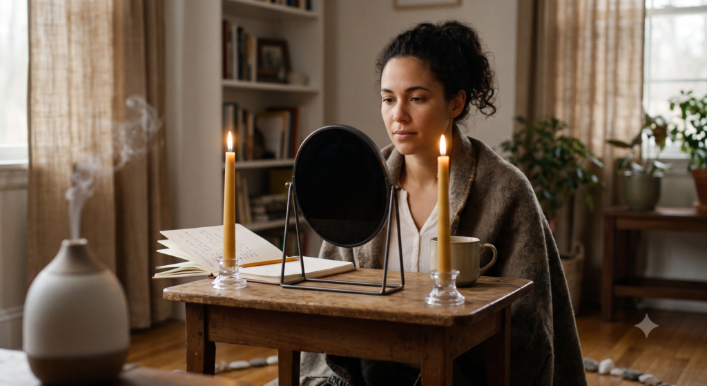 A practitioner wrapped in a cosy blanket sits at a wooden table with a black mirror, candles, journal, tea, and essential oil diffuser.