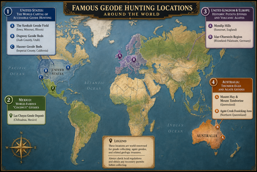 Illustrated world map highlighting famous geode hunting locations in the United States, Mexico, United Kingdom, Germany and Australia, including Keokuk, Dugway, Hauser, Las Choyas, Mendip Hills, Idar-Oberstein, Mount Hay, Mount Tamborine and Agate Creek.