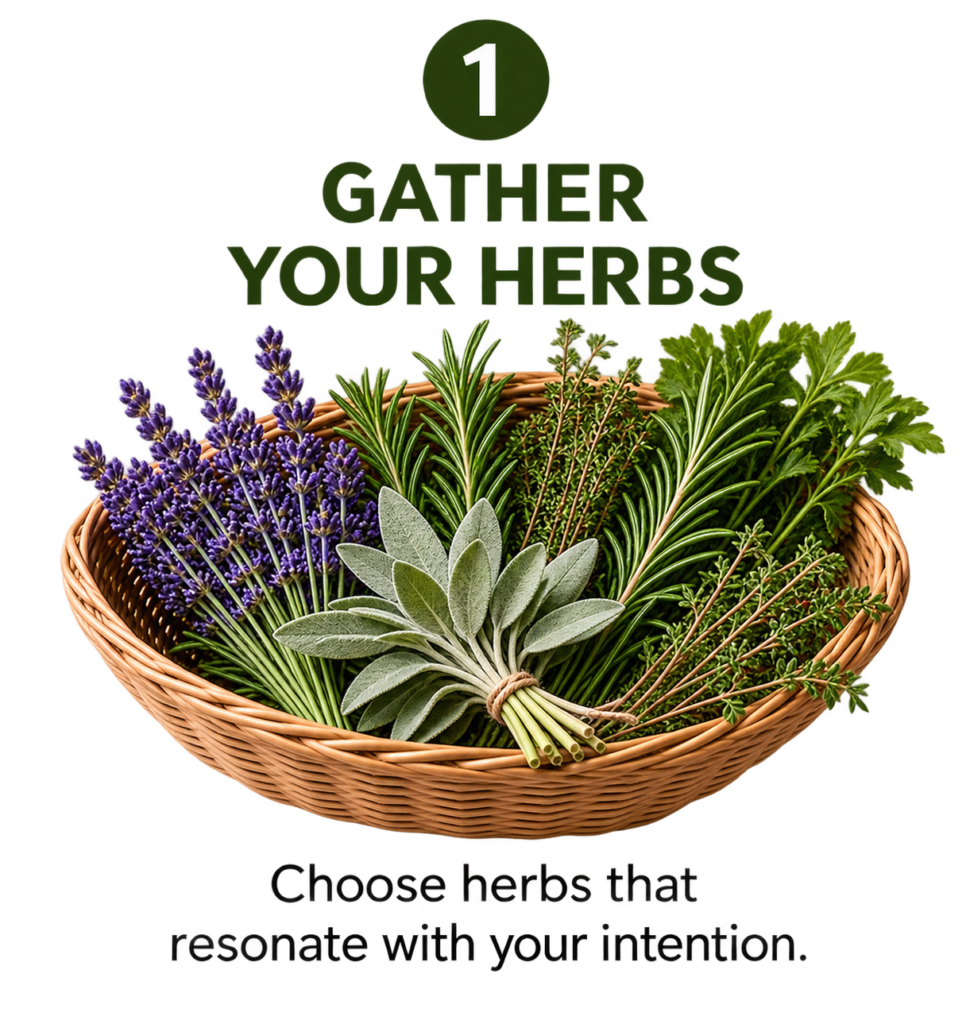 Gather Herbs for a Homemade Smoke Cleansing Stick - Sians Emporium Wicker basket filled with lavender, sage, rosemary, thyme and fresh herbs gathered for making a homemade herbal smoke cleansing stick.