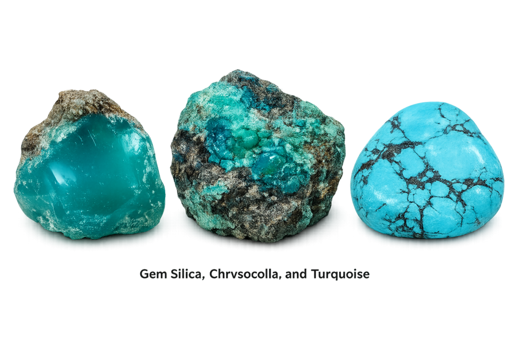 Gem Silica, Chrysocolla and Turquoise – Blue-Green Mineral Comparison - Sians Emporium Gem Silica, Chrysocolla and Turquoise mineral specimens displayed side by side, showing their distinctive blue-green colours, natural matrix patterns and textures.