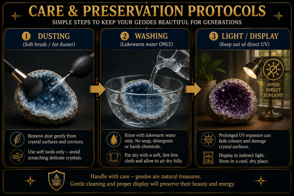 Geode care infographic showing safe dusting with a soft brush or air duster, washing with lukewarm water, and displaying geodes away from direct UV sunlight.
