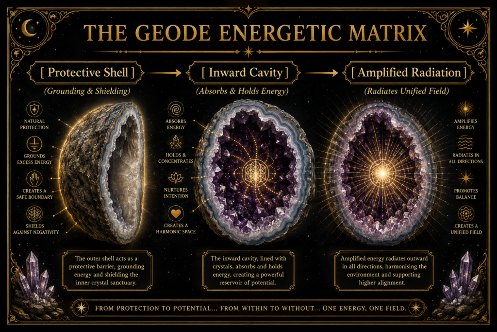The Geode Energetic Matrix diagram showing a protective outer shell, inward crystal cavity and amplified radiation, illustrating the traditional metaphysical belief that geodes ground, hold and radiate energy.