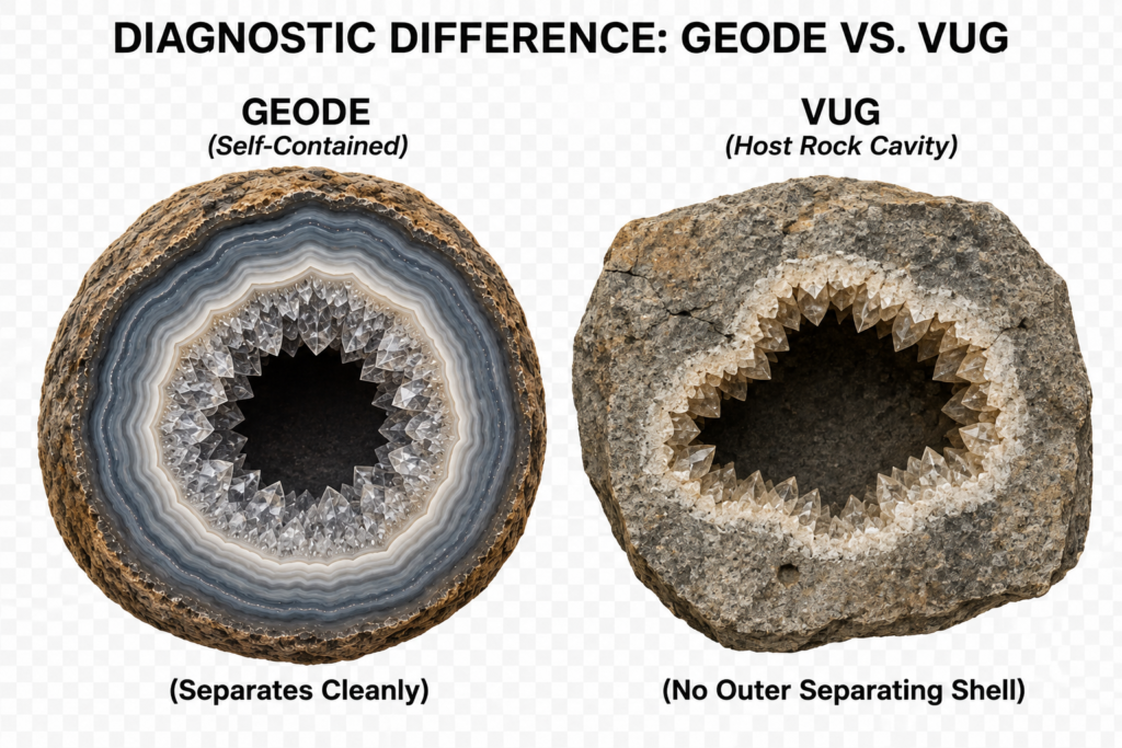 Geode vs vug comparison showing a self-contained geode with a separating outer shell beside a crystal-lined vug formed as a cavity within host rock.