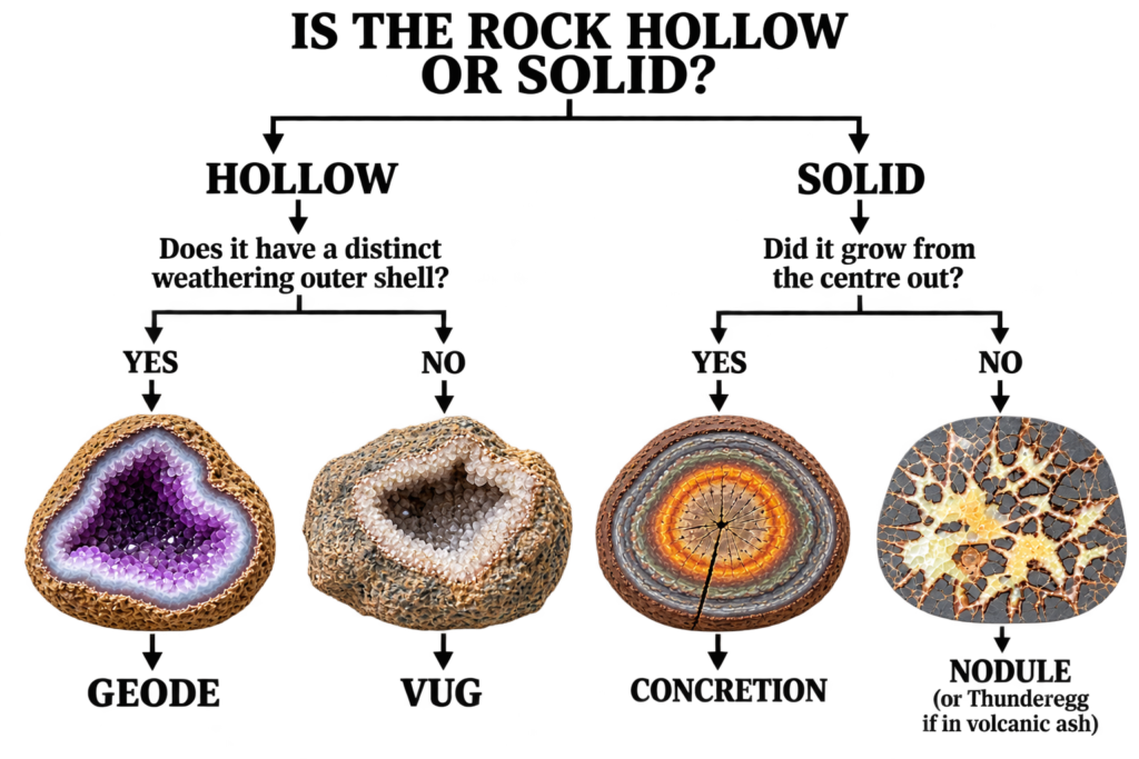 Rock identification flowchart comparing hollow and solid formations to distinguish geodes, vugs, concretions and nodules by their key geological features.