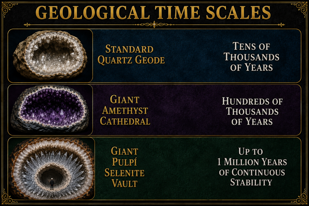 Geological time scale infographic comparing the formation of a standard quartz geode, giant amethyst cathedral and Giant Pulpí Selenite Vault.