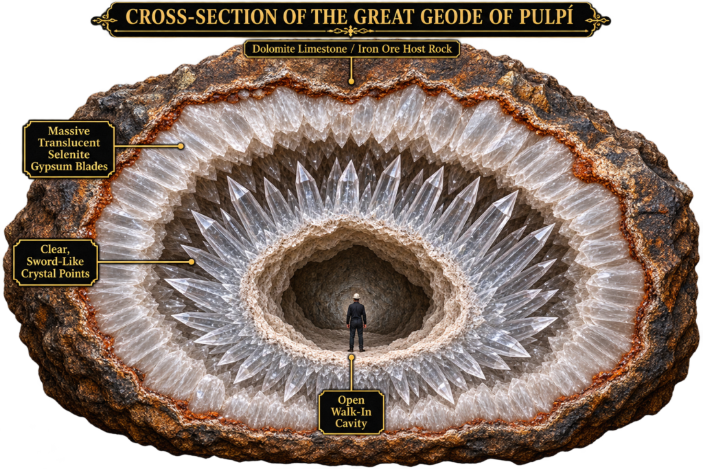 Cross-section illustration of the Great Geode of Pulpí showing dolomite limestone and iron ore host rock, massive translucent selenite gypsum blades, clear sword-like crystal points and the central walk-in cavity.
