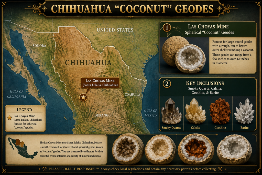 Illustrated map of Chihuahua, Mexico, highlighting the Las Choyas Mine and its famous spherical coconut geodes, with smoky quartz, calcite, goethite and barite inclusions.