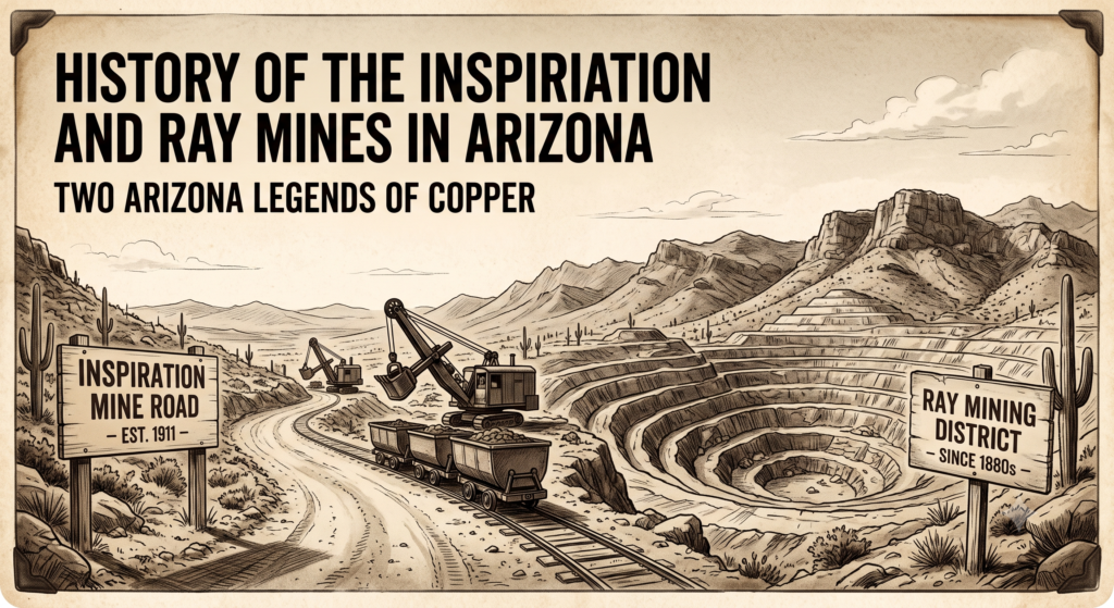 History of the Inspiration and Ray Mines in Arizona - Sians Emporium Vintage-style illustration of Arizona copper mining featuring open-pit mines, historic signs for Inspiration Mine Road and Ray Mining District, and desert terrain.