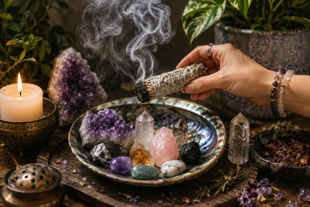 Crystals being cleansed with smoke from a burning herb bundle beside an amethyst geode, candle and incense bowl.