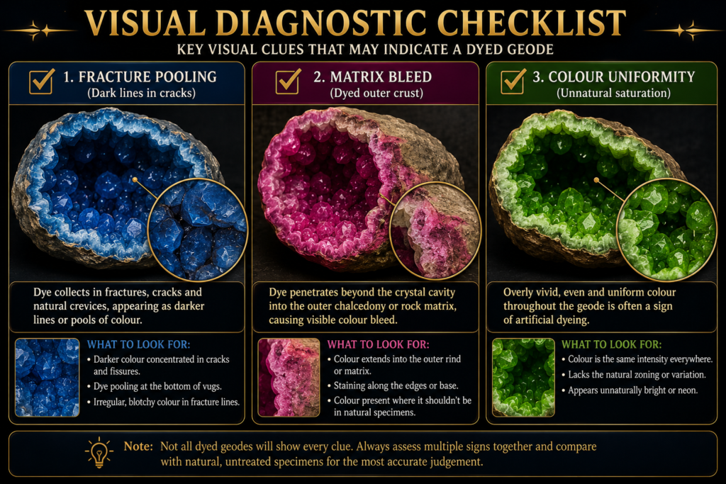 How to Identify Dyed Geodes – Visual Diagnostic Checklist - Sians Emporium Visual diagnostic checklist showing three signs of a dyed geode: dye pooling in fractures, colour bleeding into the outer matrix, and unnaturally bright or uniform colour.