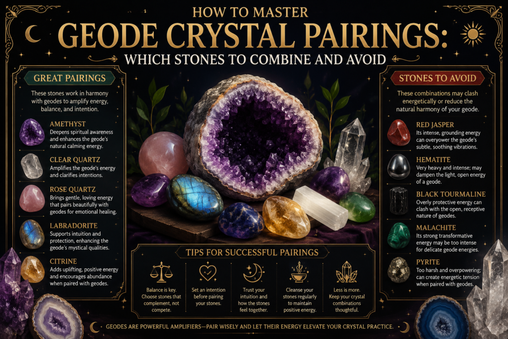 Geode crystal pairing guide featuring an amethyst geode with complementary crystals and stones to avoid when creating crystal combinations.