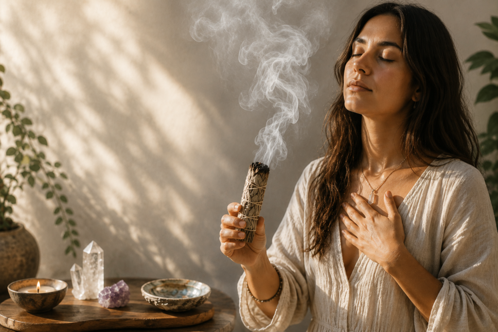 Woman performing a personal smoke cleansing ritual with a burning herb bundle, surrounded by crystals, a candle and plants.