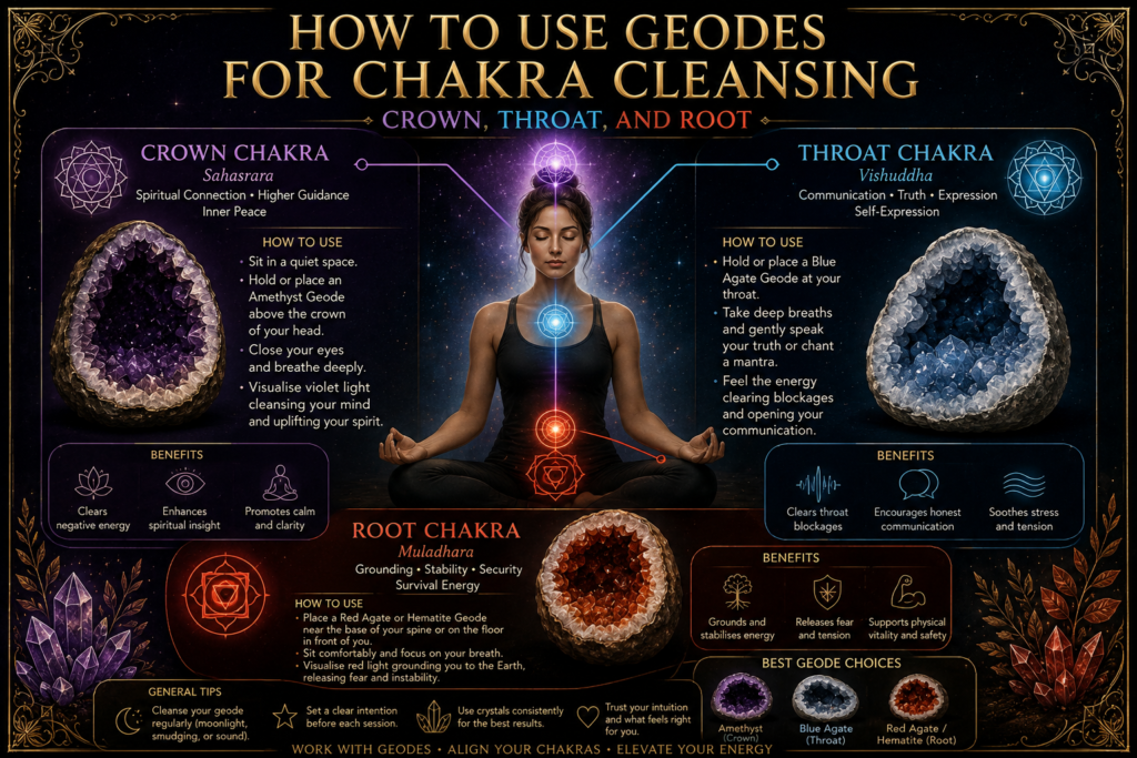 How to Use Geodes for Chakra Cleansing – Crown, Throat and Root Chakras - Sians Emporium Guide to using crystal geodes for Crown, Throat and Root chakra cleansing, showing a meditating person with amethyst, blue and red geodes positioned around the three chakra centres.