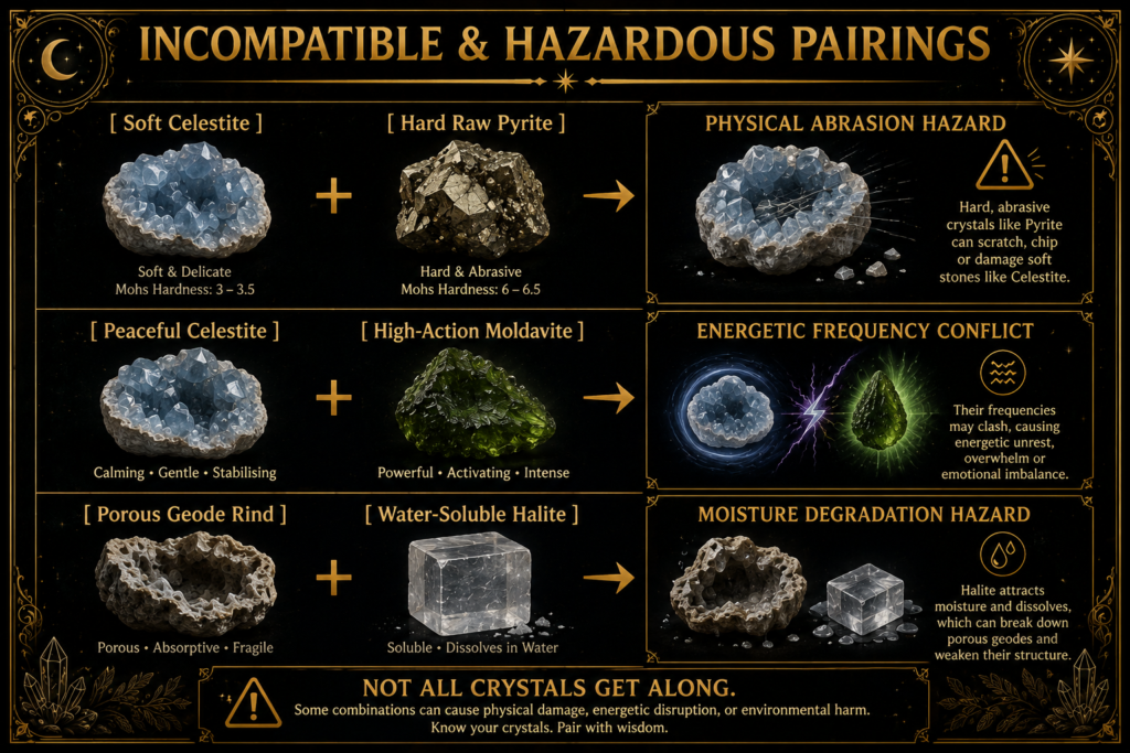ncompatible crystal pairings infographic showing soft celestite with hard raw pyrite as an abrasion risk, celestite with moldavite as an energetic conflict, and porous geode rind with water-soluble halite as a moisture degradation risk.
