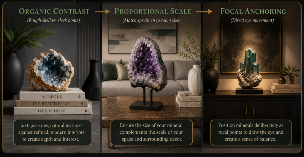 Infographic titled Interior Design Principles: Organic Contrast, Proportional Scale, and Focal Anchoring, with geode crystals on books and decor for styling mineral specimens.