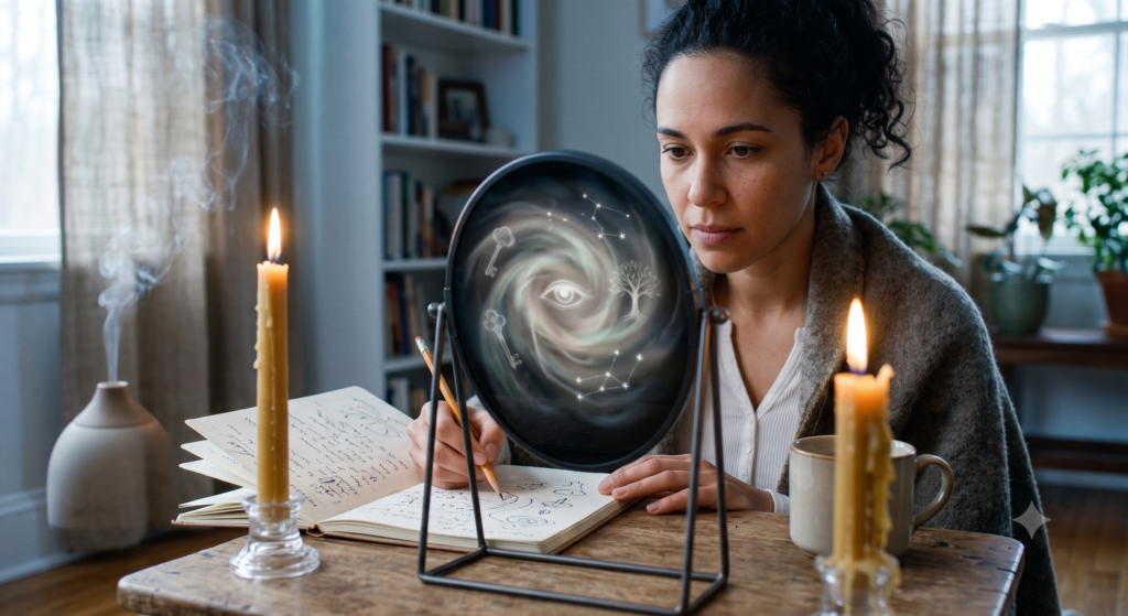A focused woman with curly hair sits at a candlelit wooden table, gazing into a black mirror that is manifesting swirling, mystical symbols like an eye, a key, and a tree, which she then records in an open notebook.