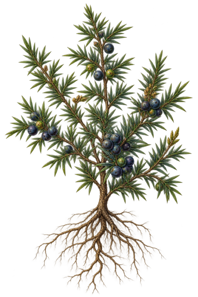 Juniper (Juniperus communis) Victorian Botanical Illustration - Sians Emporium Victorian botanical illustration of common juniper (Juniperus communis) with evergreen foliage, berries and exposed bare roots.