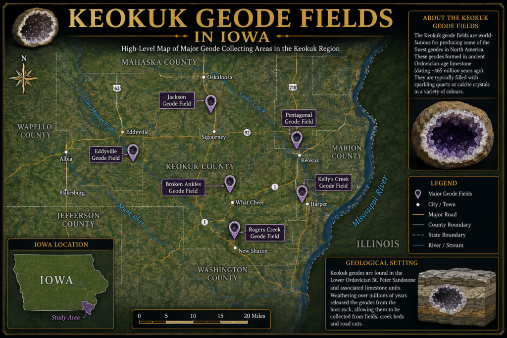 Keokuk Geode Fields – High-Level Map of Iowa Geode Country - Sians Emporium High-level map of the Keokuk geode fields in Iowa showing major geode collecting areas, towns, rivers, roads and the wider geological region near the Mississippi River and Illinois border.
