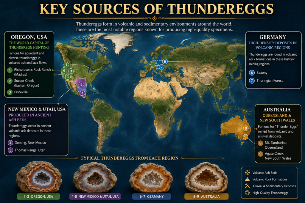 Key Sources of Thundereggs – World Locations and Famous Deposits - Sians Emporium World map showing key sources of thundereggs in Oregon, New Mexico, Utah, Germany and Australia, with famous collecting locations and examples of typical thundereggs.