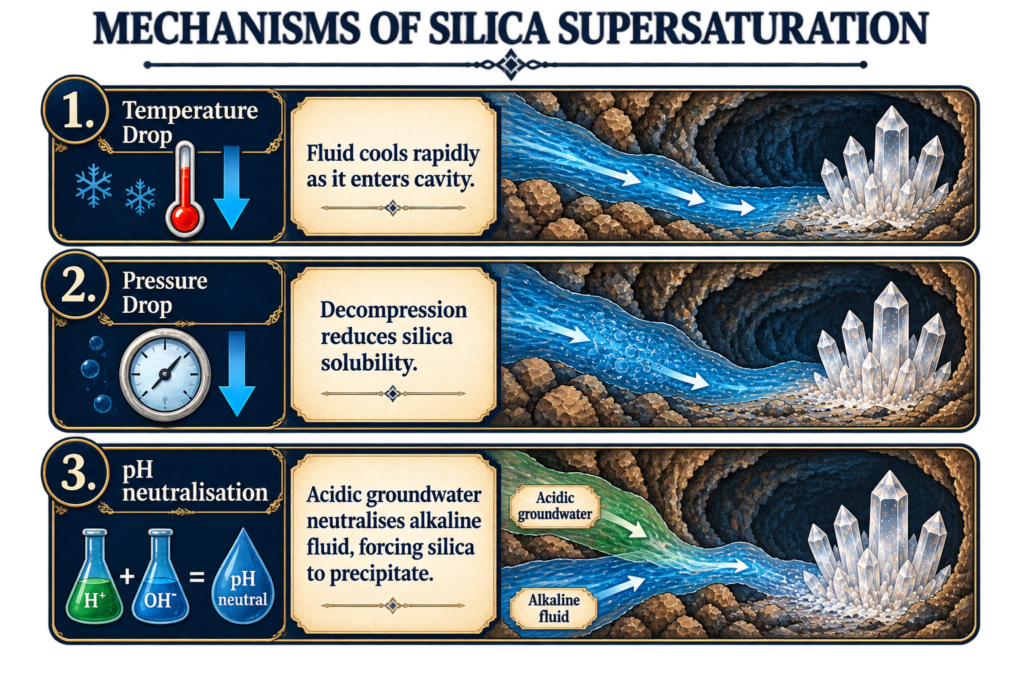 Diagram showing temperature drop, pressure drop and pH neutralisation as three mechanisms of silica supersaturation that cause silica to precipitate and form quartz crystals.