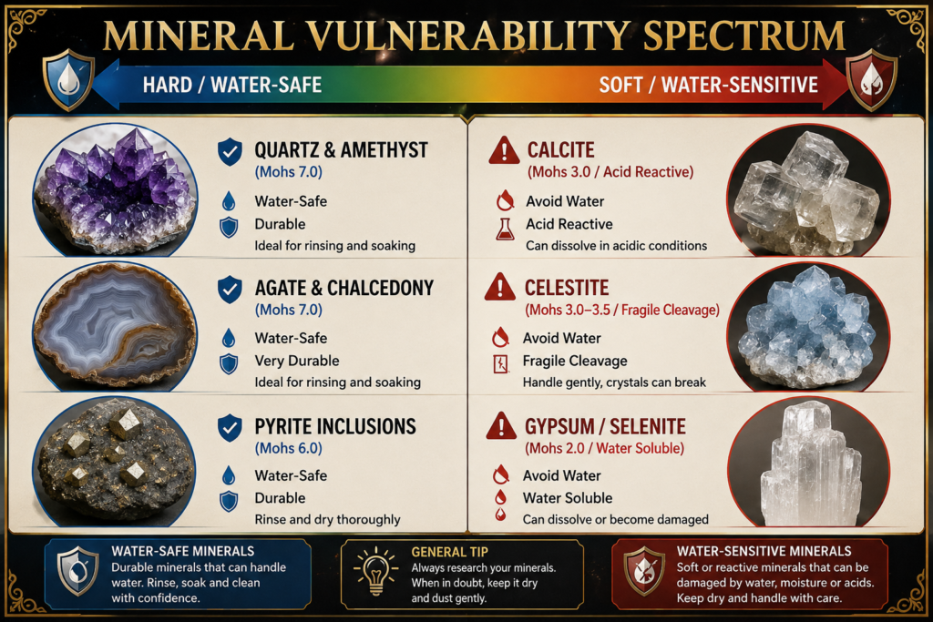 Mineral Vulnerability Spectrum – Water-Safe and Water-Sensitive Crystals - Sians Emporium Mineral vulnerability spectrum comparing water-safe quartz, amethyst, agate, chalcedony and pyrite with water-sensitive calcite, celestite, gypsum and selenite.