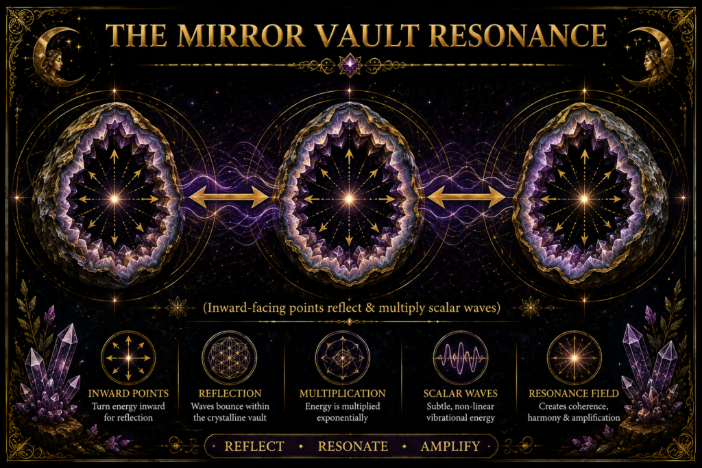 Mirror Vault Resonance diagram showing three amethyst geodes with inward-facing crystal points symbolically reflecting, resonating and multiplying energy within their crystalline interiors.