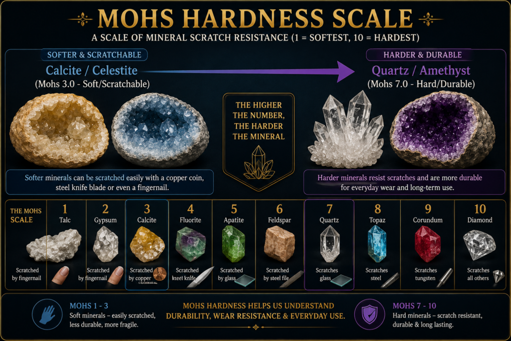 Mohs hardness scale infographic comparing softer calcite and celestite with harder quartz and amethyst, showing mineral scratch resistance from Mohs 1 to 10.