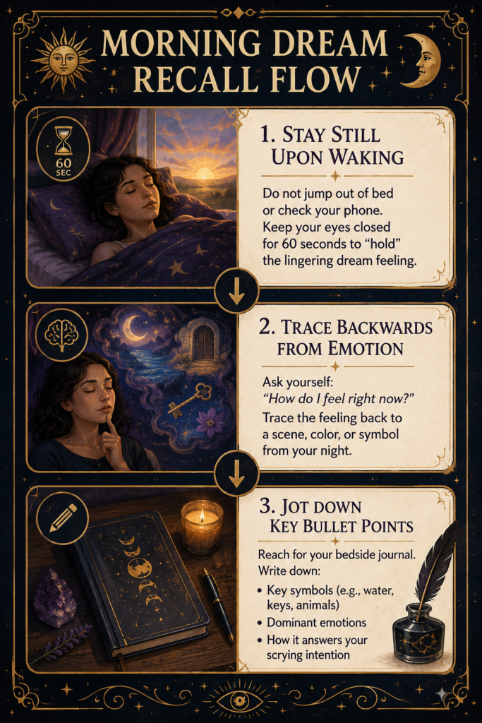 Morning Dream Recall Flow – Dream Journal and Scrying Guide - Sians Emporium Morning Dream Recall Flow infographic showing three steps for remembering dreams: stay still upon waking, trace backwards from emotions, and record key symbols, feelings and scrying insights in a bedside dream journal.