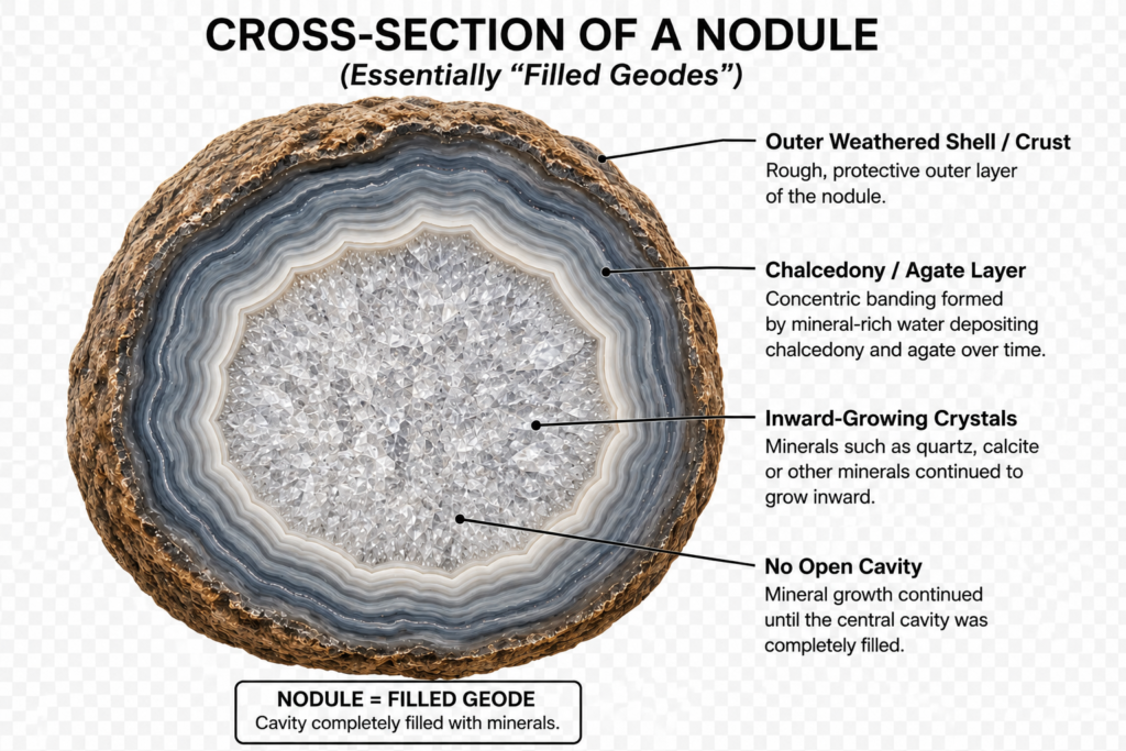 Cross-section of a mineral nodule showing an outer weathered crust, chalcedony and agate layers, inward-growing crystals and a completely mineral-filled centre with no open cavity.