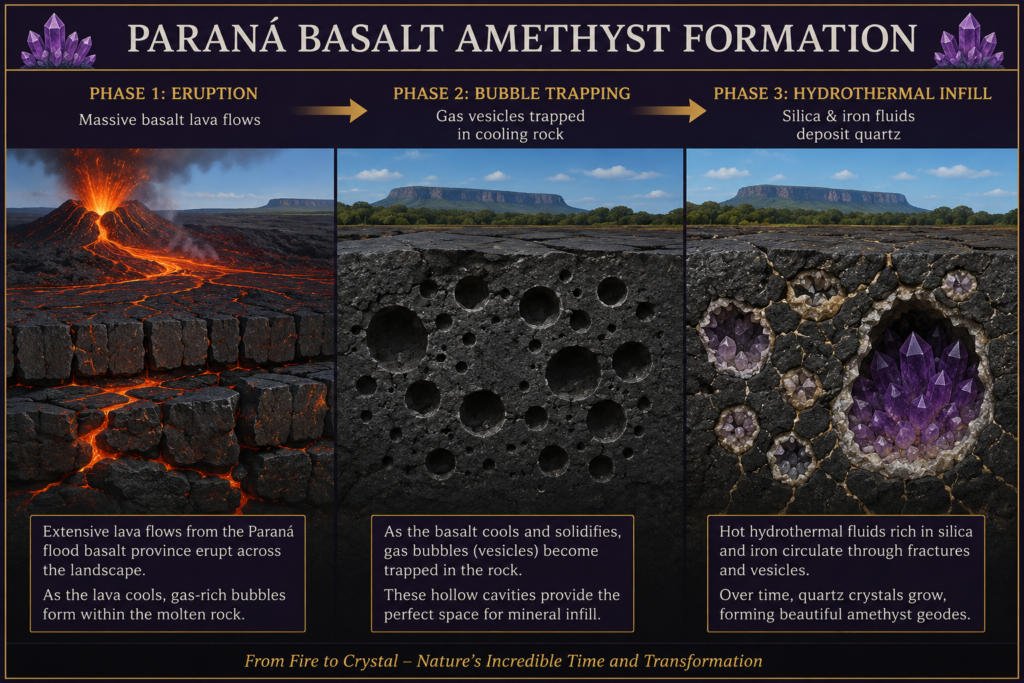 Paraná Basalt Amethyst Formation – From Volcanic Lava to Crystal Geodes - Sians Emporium Diagram showing Paraná basalt amethyst formation through three stages: volcanic eruption and basalt lava flows, gas bubble cavities forming in cooling basalt, and silica-rich hydrothermal fluids depositing quartz and amethyst crystals.