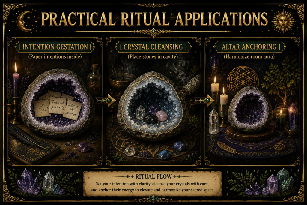 Practical geode ritual applications infographic showing intention gestation with written intentions, crystal cleansing by placing stones inside a geode, and altar anchoring to harmonise the energy of a sacred space.