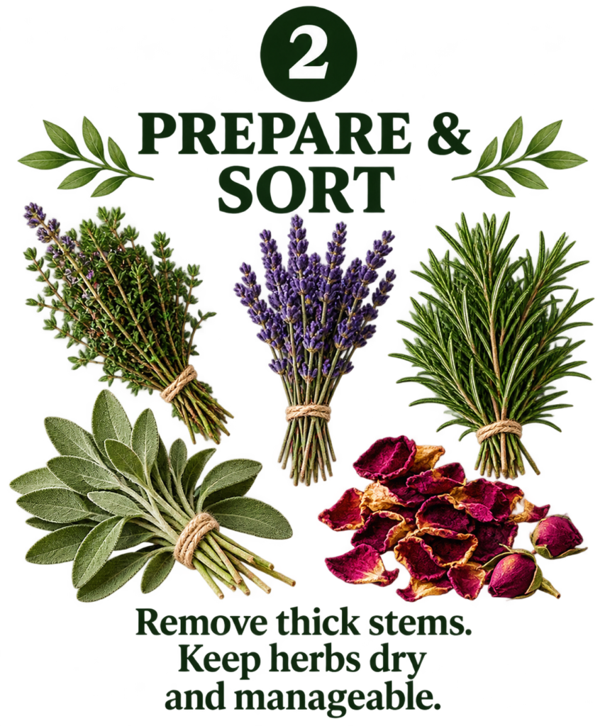 prepare-sort-herbs-smoke - Sians Emporium Sage, lavender, rosemary, thyme and dried rose petals prepared and sorted for making a handmade herbal smoke cleansing stick.