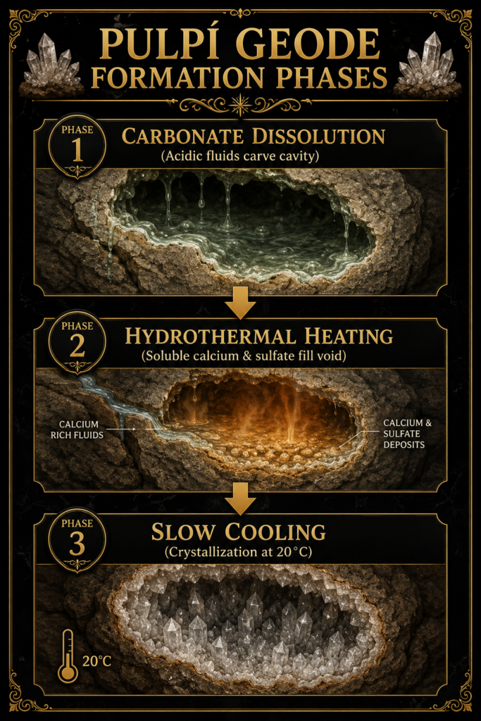 Pulpí Geode formation phases showing carbonate dissolution creating the cavity, hydrothermal heating filling it with calcium and sulfate-rich fluids, and slow cooling leading to crystal growth at around 20°C.