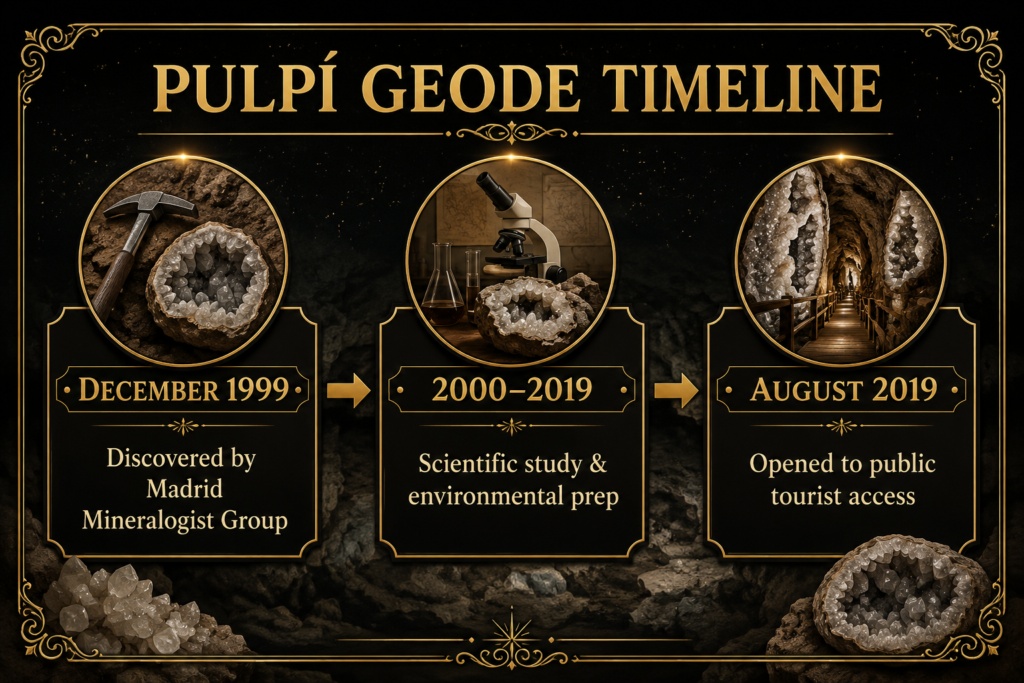 Pulpi's Great Geode imeline showing its discovery in December 1999 by the Madrid Mineralogist Group, scientific study and environmental preparation from 2000 to 2019, and opening to public tourist access in August 2019.