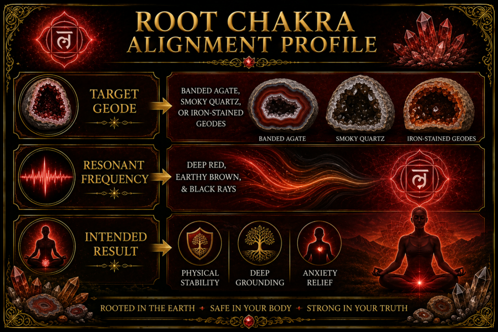 Root Chakra Alignment Profile – Grounding Geodes and Crystal Energy - Sians Emporium Root Chakra alignment profile featuring Banded Agate, Smoky Quartz and iron-stained geodes, with deep red, earthy brown and black rays representing grounding and stability.