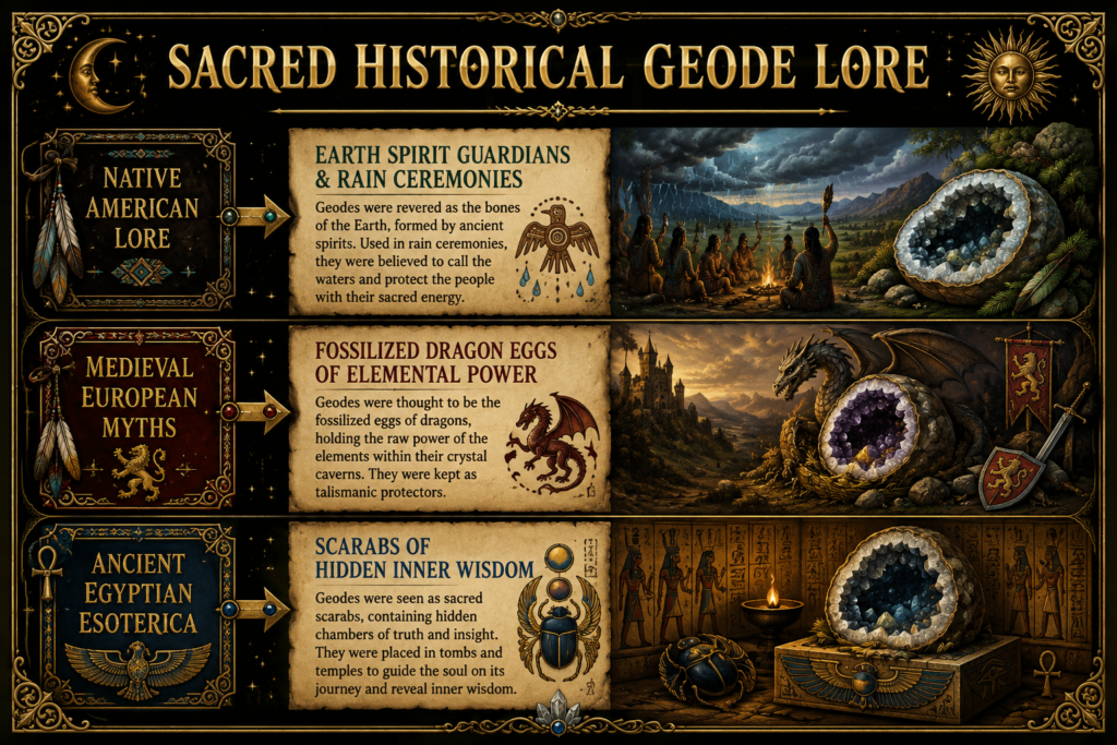 Sacred Historical Geode Lore infographic exploring Native American earth spirit and rain ceremony traditions, medieval European dragon egg myths, and ancient Egyptian scarab symbolism and hidden wisdom.