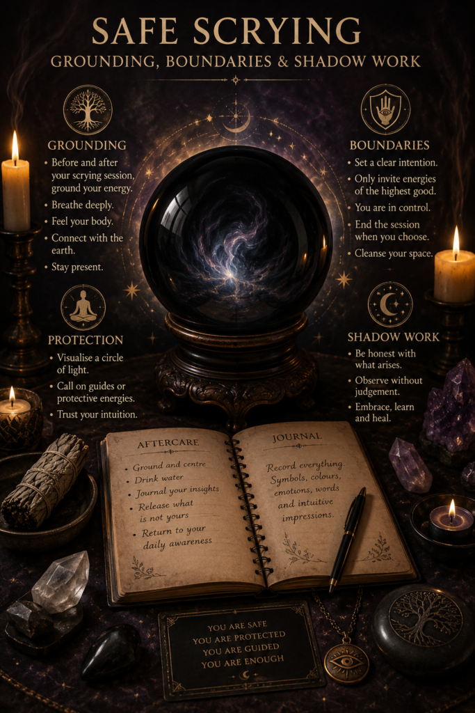 Safe Scrying: Grounding, Boundaries and Shadow Work Ritual - Sians Emporium Mystical scrying altar featuring a crystal ball, candles, crystals, cleansing herbs and a journal, symbolising safe scrying practices, grounding, energetic boundaries and shadow work.