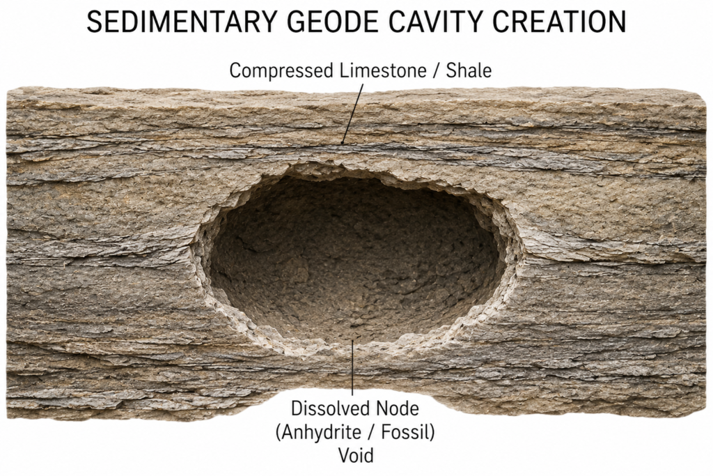 Diagram showing sedimentary geode cavity creation as an anhydrite nodule or fossil dissolves within compressed limestone or shale, leaving a hollow void.