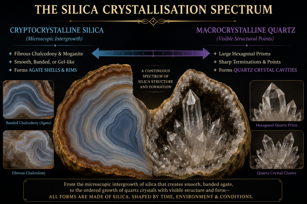 Educational diagram showing the silica crystallisation spectrum from cryptocrystalline chalcedony and agate banding to macrocrystalline quartz prisms and crystal-filled cavities.