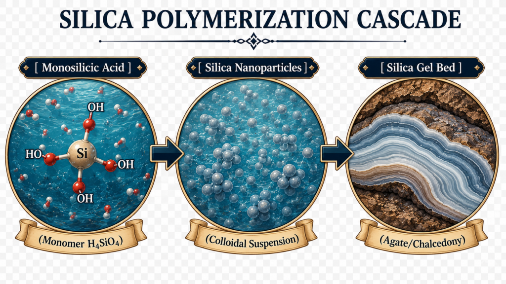 Silica polymerisation cascade showing monosilicic acid H₄SiO₄ developing into silica nanoparticles and a silica gel bed associated with agate and chalcedony formation.