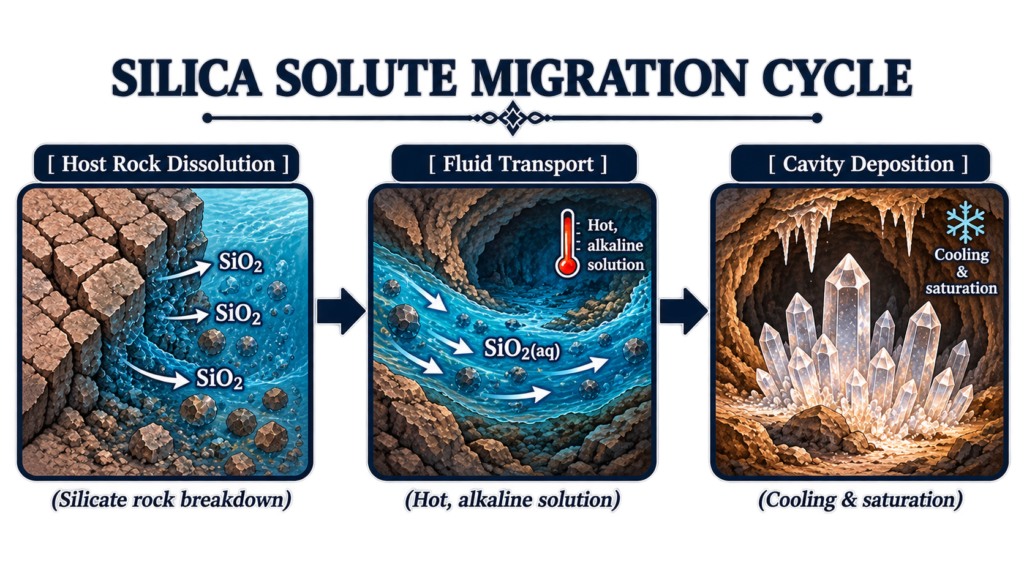 Silica solute migration cycle showing host rock dissolution, hot alkaline fluid transport and cavity deposition leading to quartz crystal formation.