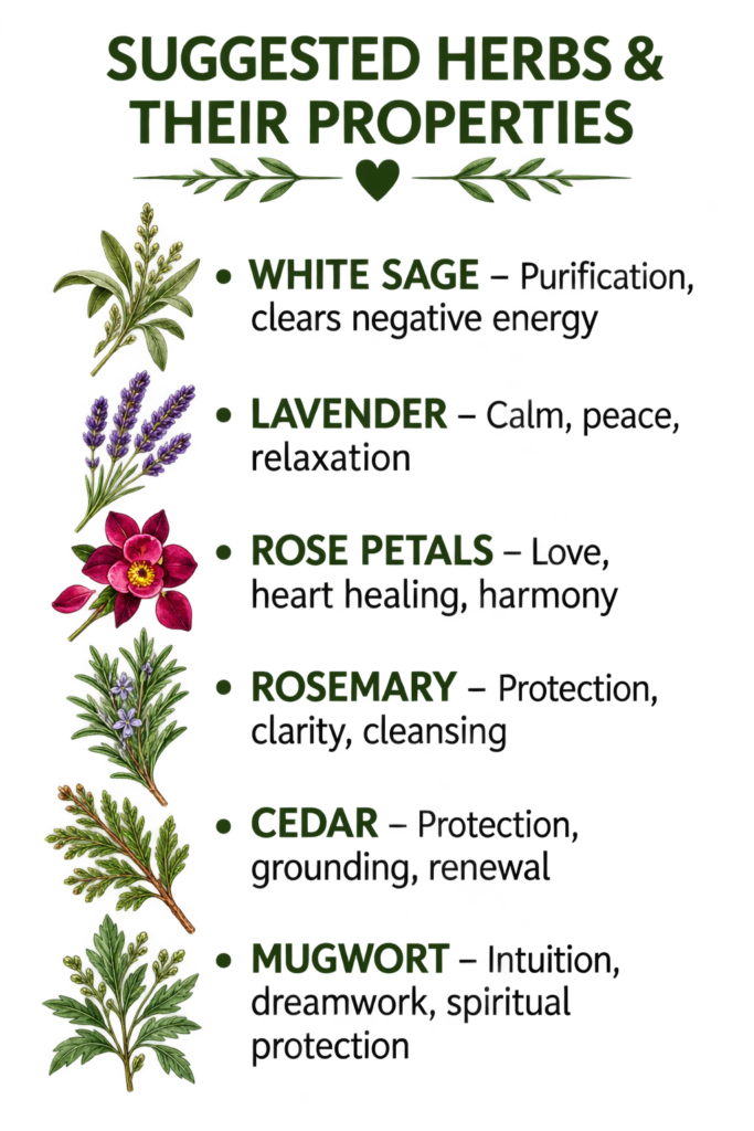 smoke-cleansing-herbs-properties - Sians Emporium Illustrated guide to smoke cleansing herbs including white sage, lavender, rose petals, rosemary, cedar and mugwort with their traditional spiritual properties.