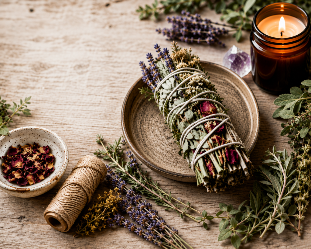 Handmade Herbal Smoke Cleansing Stick - Sians Emporium Handmade herbal smoke cleansing stick bound with twine, surrounded by lavender, dried herbs, rose petals, amethyst and a candle on a rustic wooden table.